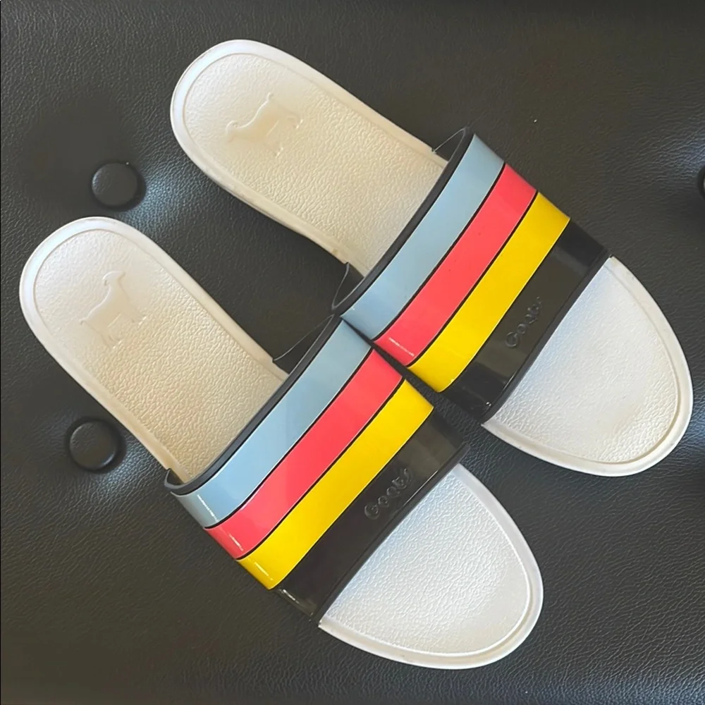 GOATS NEVER WORN BLACK/YELLOW/PINK/BLUE STRIPE COMFORTABLE SLIP ON SLIDE SZ 10 - Picture 1 of 7